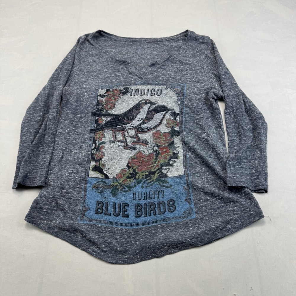 Lucky Brand Womens Grey Heather Long Sleeve Indigo Blue Birds Graphic Tee Small
